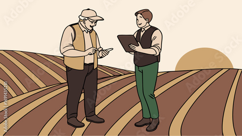 Two farmers discussing agriculture using digital tablet and smartphone in a field at sunset.