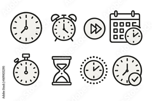 Time management concept icons. Clock, timer, stopwatch, alarm. Deadline, schedule, planning symbol. Hourglass and calendar. Fast forward. Vector outline icon set illustration.