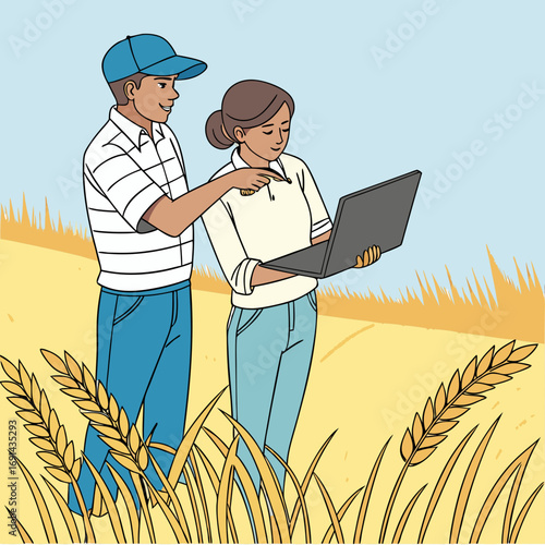 Two farmers reviewing data on a laptop in a wheat field.