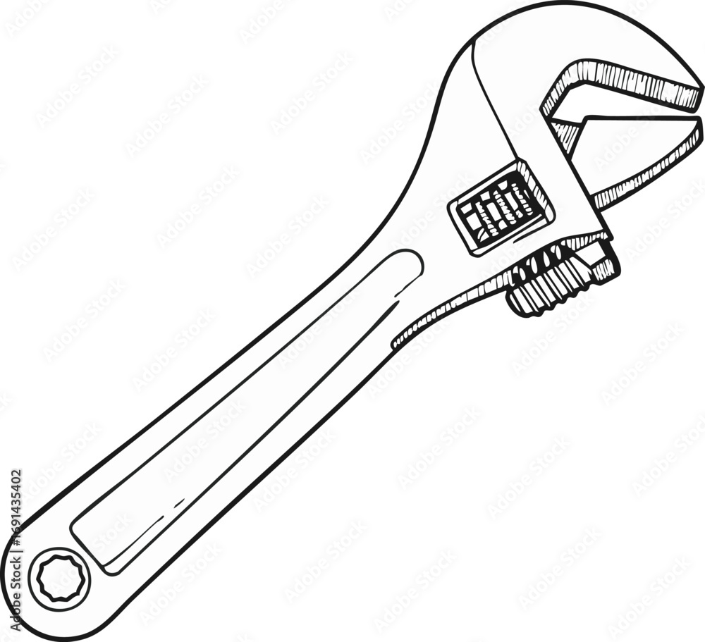 Obraz premium A detailed black and white line art illustration depicts a versatile adjustable wrench, essential for various mechanical tasks and home improvement projects.