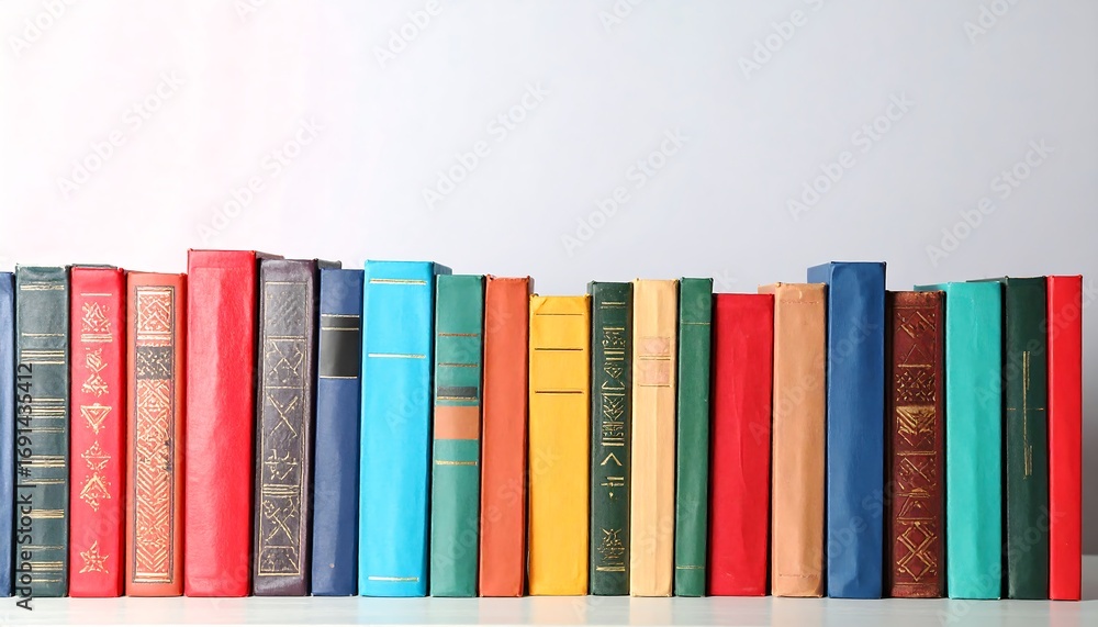 Naklejka premium Row of colorful books on a white surface