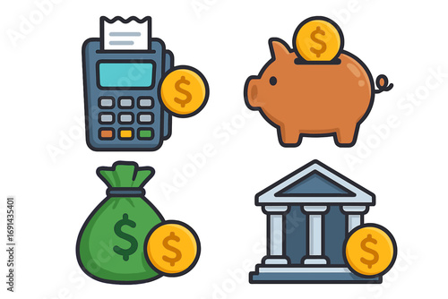 Set of financial icons representing transactions, savings, and banking concepts. Includes POS terminal, piggy bank, money bag, and bank building. Cartoon vector illustration.