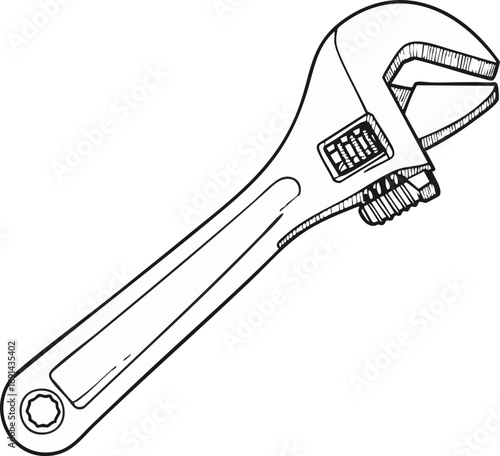 A detailed black and white line art illustration depicts a versatile adjustable wrench, essential for various mechanical tasks and home improvement projects.