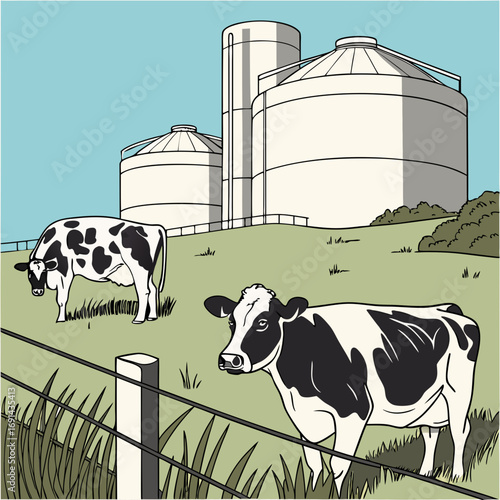 Two Holstein Cows Grazing in Pasture with Silos in Background.