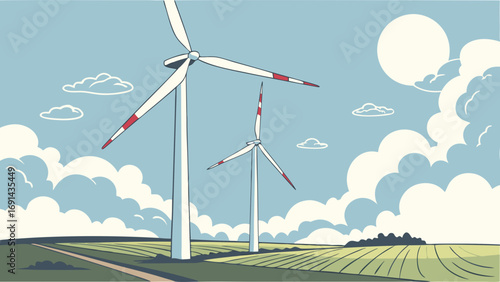 Two Wind Turbines in a Rural Landscape under a Cloudy Sky Clean Energy Green Technology Illustration.