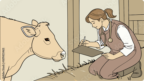 Veterinarian examining a cow in a barn farm animal healthcare livestock checkup illustration.
