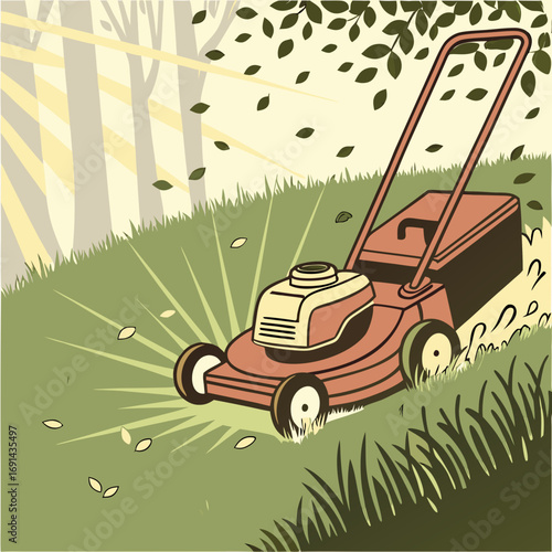 Vintage Lawnmower Cutting Grass in Sunny Garden Retro Style Illustration.