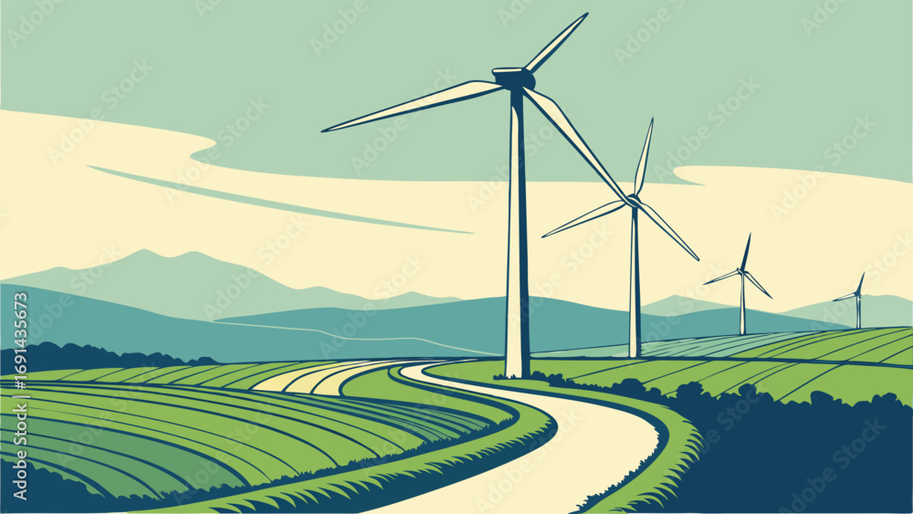Obraz premium Wind turbines in a green field with winding road and mountains in the background.