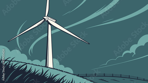 Wind Turbine in a Rural Landscape Green Energy Sustainable Power Illustration Clean Energy Concept.