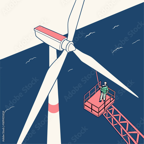 Wind Turbine Maintenance Worker in Lift Platform Aerial View Renewable Energy Illustration.