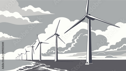 Wind Turbines Generating Clean Energy on a Cloudy Day by the Sea.