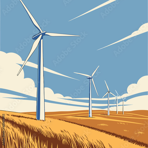 Wind Turbines in a Field Under a Blue Sky with Clouds.