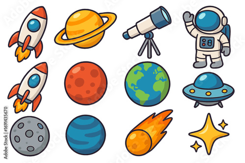Space icon collection. Cartoon vector set with rocket, planet, astronaut, telescope, Earth, Saturn, Mars, moon, and UFO. Astronomy and galaxy exploration elements for kids.