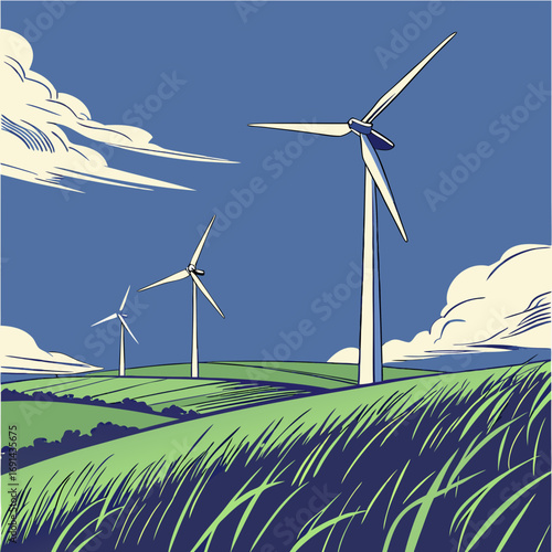 Wind Turbines in a Green Field Under a Blue Sky Renewable Energy Illustration.