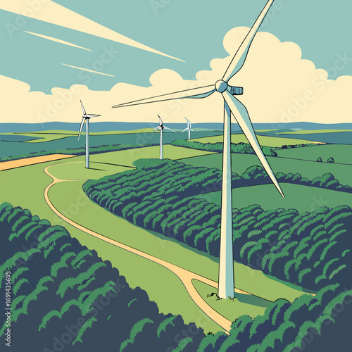 Wind Turbines in a Green Landscape Aerial View of Renewable Energy Source.