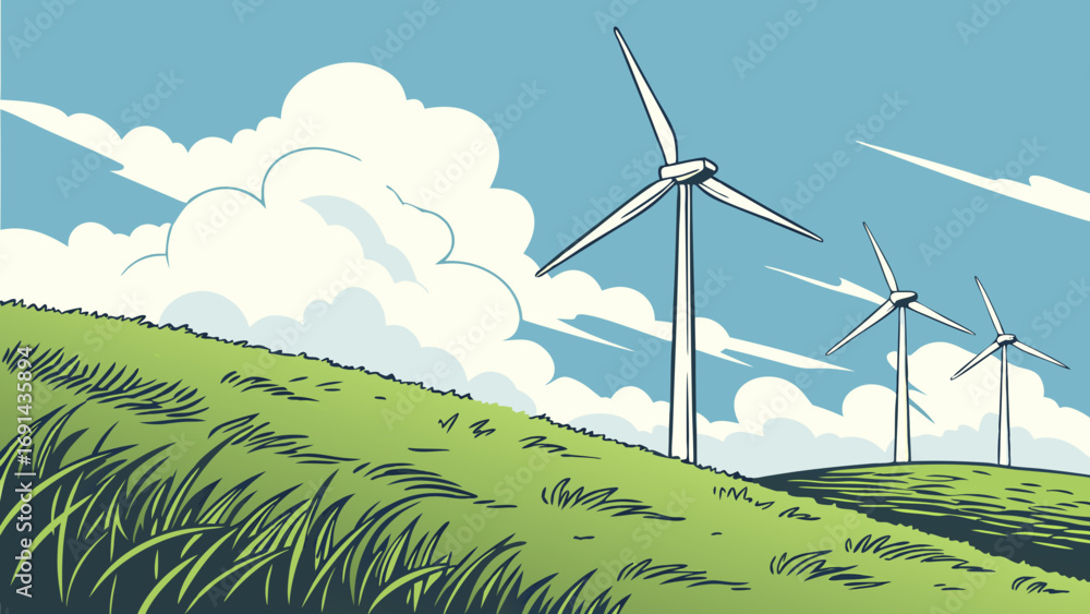 Fototapeta premium Wind turbines on a grassy hill under a blue sky with clouds.