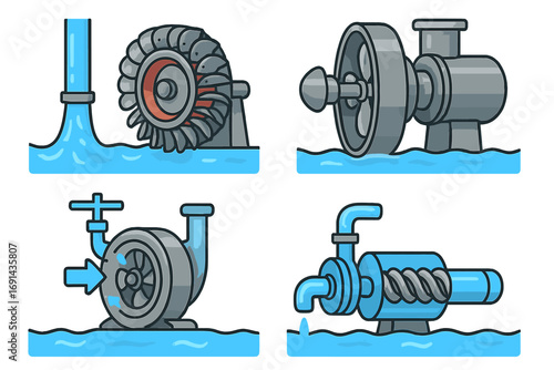 Water turbine and pump vector icon set. Hydropower energy generation machinery collection. Pelton wheel, centrifugal, axial flow and screw pump. Industrial engineering design.