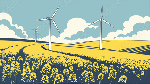 Wind Turbines in a Yellow Flower Field Sustainable Energy Landscape Illustration.