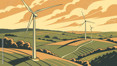 Wind Turbines in Rolling Hills Landscape Green Energy Renewable Power Illustration.