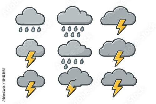 Weather icons set vector cartoon illustration. Rain, thunderstorm, and lightning symbols. Minimalist cloud collection for forecast app or web design on transparent background.