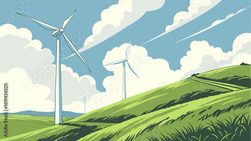 Wind Turbines on Rolling Green Hills Under a Cloudy Sky Clean Energy Illustration.