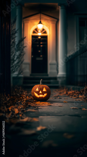 Festive Halloween Pumpkin Decorations on an Autumn Porch with Spooky Lighting and Fall Leaves