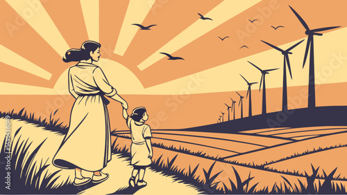 Woman and child walking towards wind turbines at sunset illustration renewable energy family nature vector art.