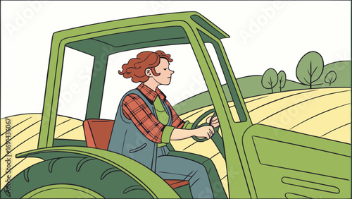 Woman driving a tractor in a field agriculture farming countryside illustration.