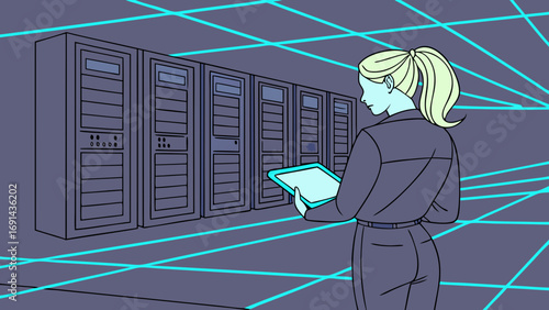 Woman using tablet in server room data center technology futuristic illustration digital concept.