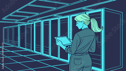 Woman using tablet in server room data center technology IT infrastructure digital illustration network security cloud computing modern technology futuristic design computer network dat.