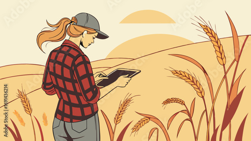 Woman using tablet in wheat field agricultural technology farming illustration harvest season countryside scene.