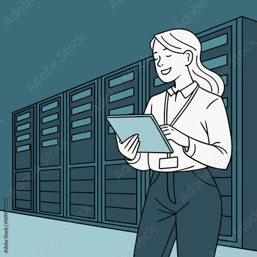Woman using tablet in server room IT professional data center illustration technology concept.