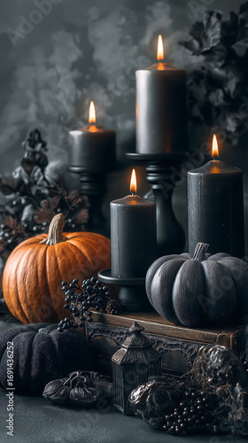 Autumn Table Decor with Pumpkins, Candles, and Moody Lighting for a Spooky Halloween or Thanksgiving Display