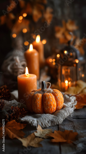 Cozy Pumpkin and Candle Autumn Decoration in Farmhouse Style: Create a Harvest-Themed Table Setting with Fall Leaves and Warm Lighting for a Thanksgiving Inspired Holiday Celebration