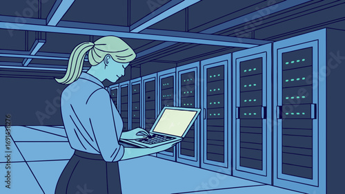 Woman working on laptop in a server room data center it infrastructure technology network computing digital illustration graphic design professional business IT support maintenance te.