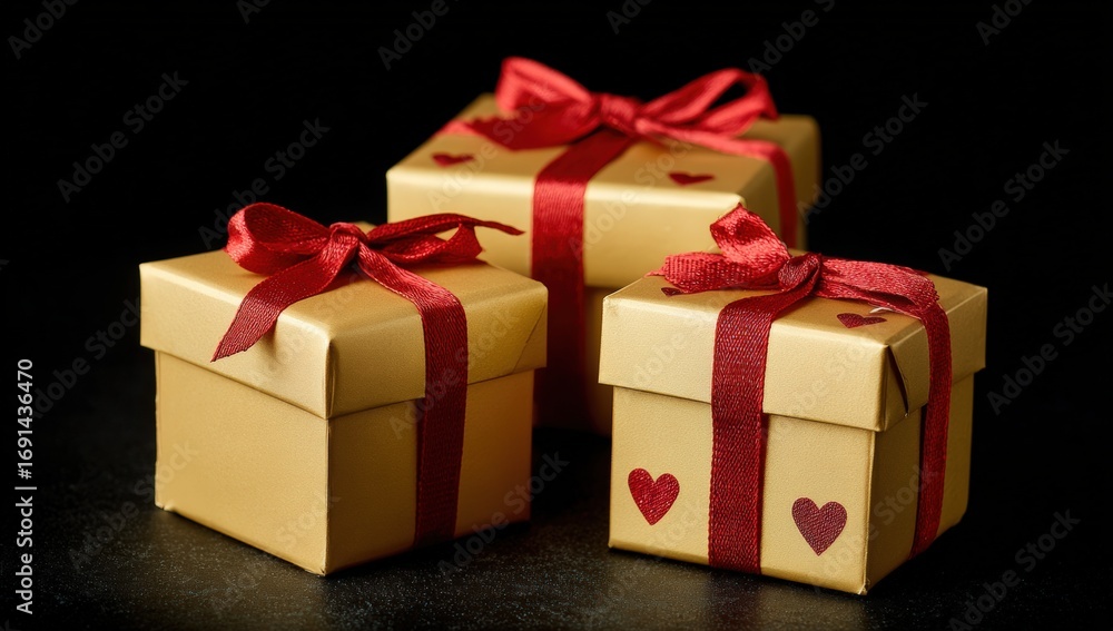 Obraz premium Three gold gift boxes with red ribbon