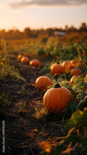 Autumn Pumpkin Harvest: Rural Farm Field Sunset Scenery with Seasonal Colors and Organic Vegetables