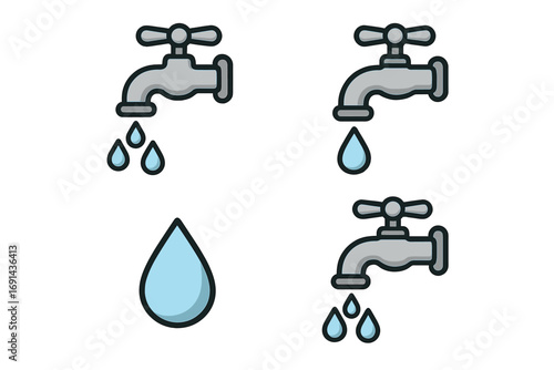 Water tap icon set. Faucet with dripping drops. Save water concept for resource conservation and hydration. Simple plumbing symbol. Vector cartoon illustration collection.