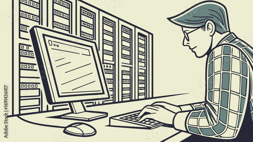 Working at a computer in a server room data center network technician IT technology illustration system administrator.