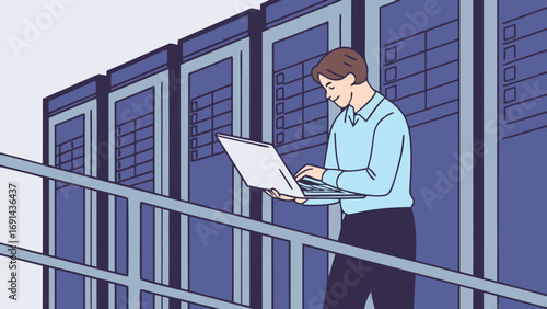 Working on a laptop in a server room data center illustration IT technician computer network digital technology network infrastructure cloud computing cybersecurity data security system.