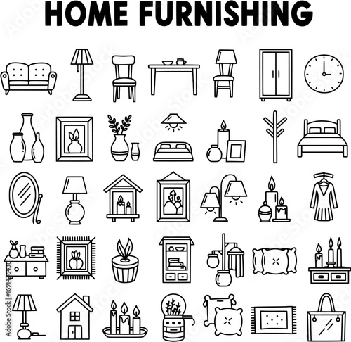 Detailed Home Furnishing and Decor Icons Set: Black and White Line Art Collection of Furniture, Lighting, and Accessories for Interior Design