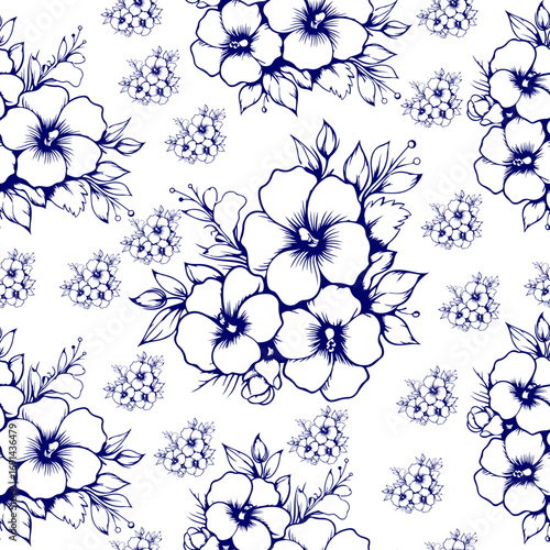 Indigo Botanical Sketch Repeat Pattern