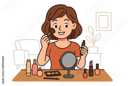 Woman applying makeup cosmetic with brush. Morning beauty routine concept. Girl doing makeup at table with mirror, lipstick, foundation, eyeshadow. Vector cartoon illustration.