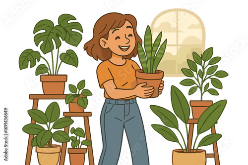 Young woman enjoying her houseplant hobby, surrounded by lush indoor greenery. Concept for home gardening, plant care, and a happy, healthy lifestyle. Vector cartoon illustration.