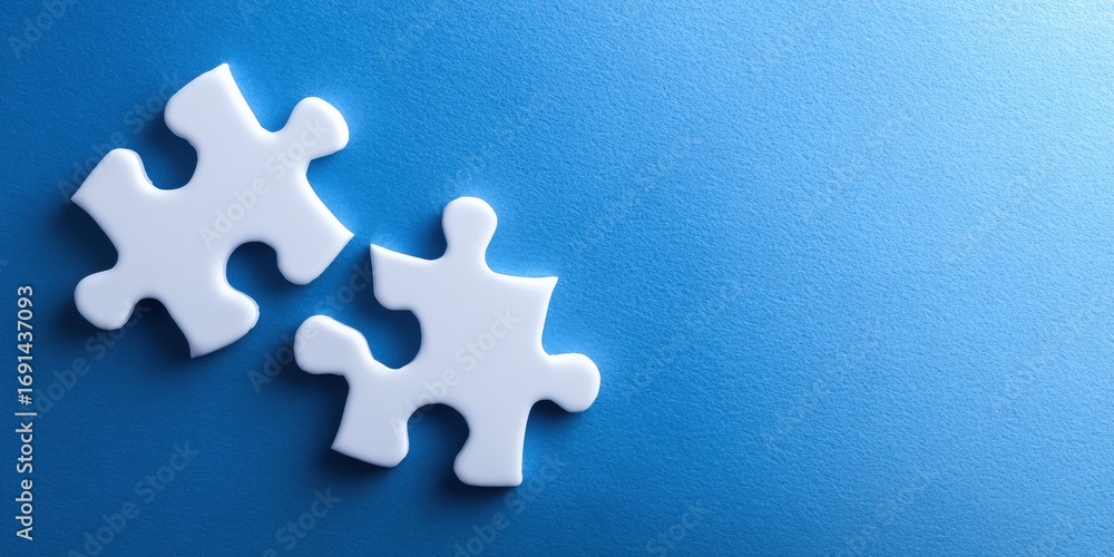 Obraz premium Two white puzzle pieces on a vibrant blue surface
