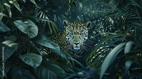 Fototapeta Naklejka Na Ścianę i Meble -  Jaguar camouflaged in lush jungle