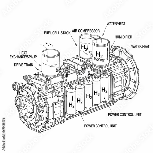 Detailed schematic illustration of a fuel cell stack system, highlighting components and hydrogen flow.