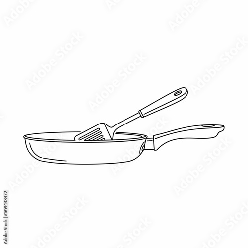 A simple line drawing of a frying pan with a spatula resting inside it.