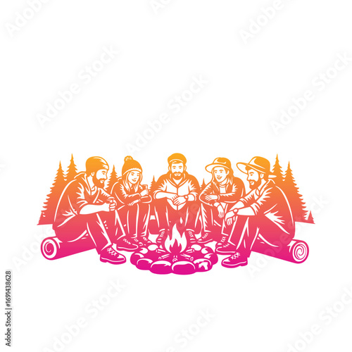 Group of friends sitting together around a warm campfire.