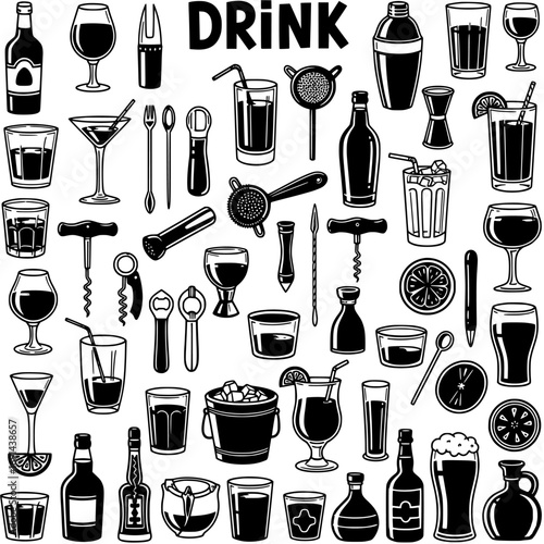 Black and white vector illustration of various drink items, bar tools, and cocktail glasses, forming a comprehensive beverage and bar accessory collection.